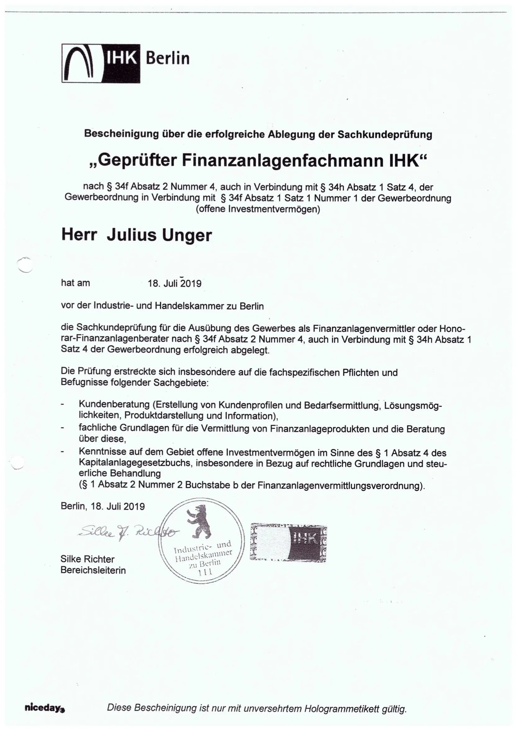 Bescheinigung der IHK Berlin über die Sachkundeprüfung Geprüfter Finanzanlagenfachmann IHK, Julius Unger, 18. Juli 2019