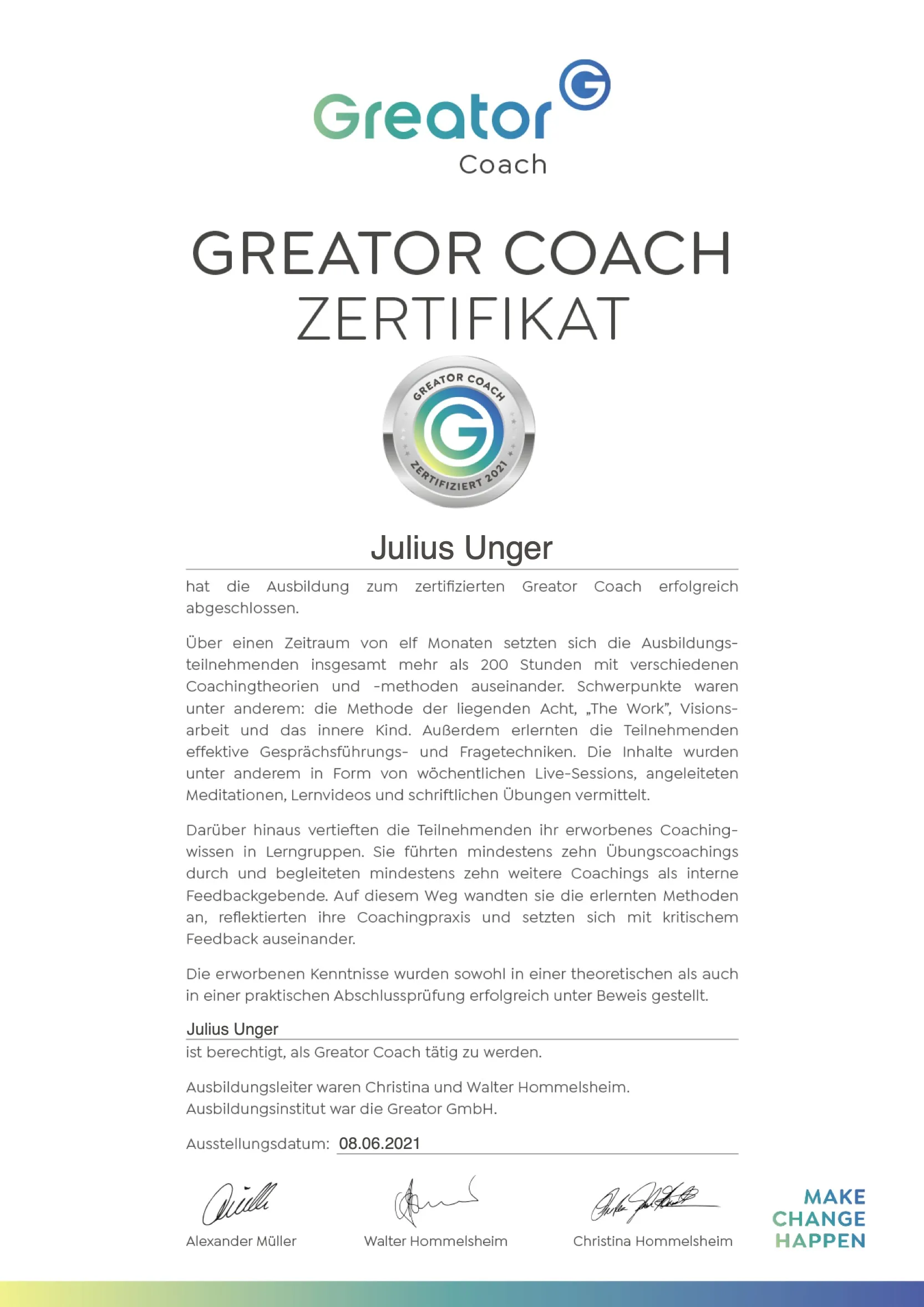 Greator Coach Zertifikat für Julius Unger, Ausstellungsdatum 8. Juni 2021