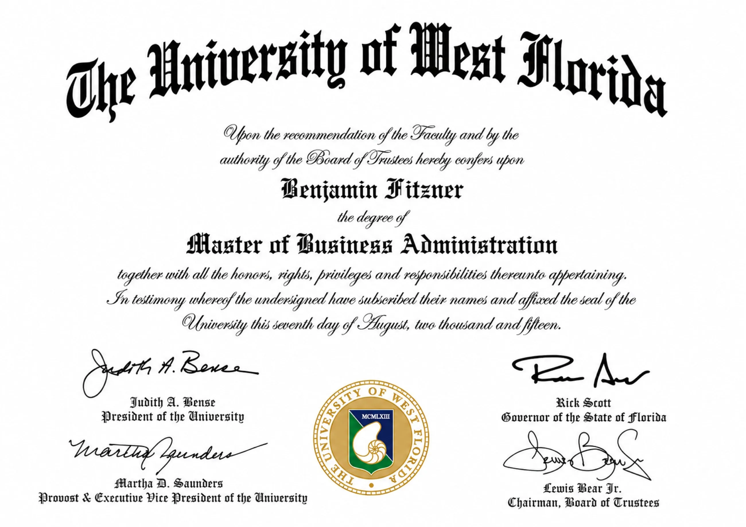 Urkunde der University of West Florida: Benjamin Fitzner, Master of Business Administration, August 2015